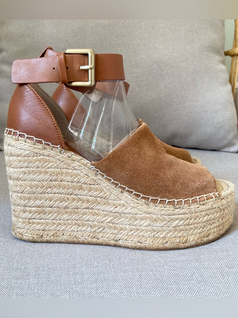 Marc Fisher LTD Adalyn Cognac Suede Leather Espadrille Platform Wedge Sandal 7.5 - Picture 3 of 10